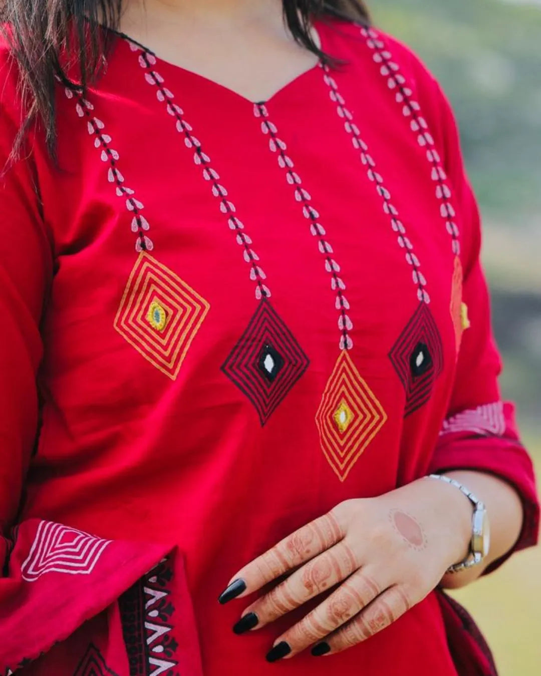 Hand Work Red Cotton Salwar Suit Set