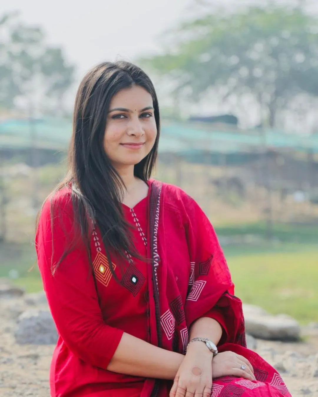 Hand Work Red Cotton Salwar Suit Set
