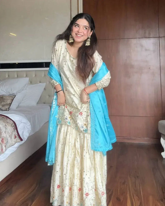 White Chinon Sharara Suit Set with Dupatta