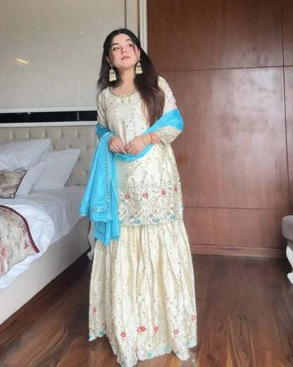 White Chinon Sharara Suit Set with Dupatta