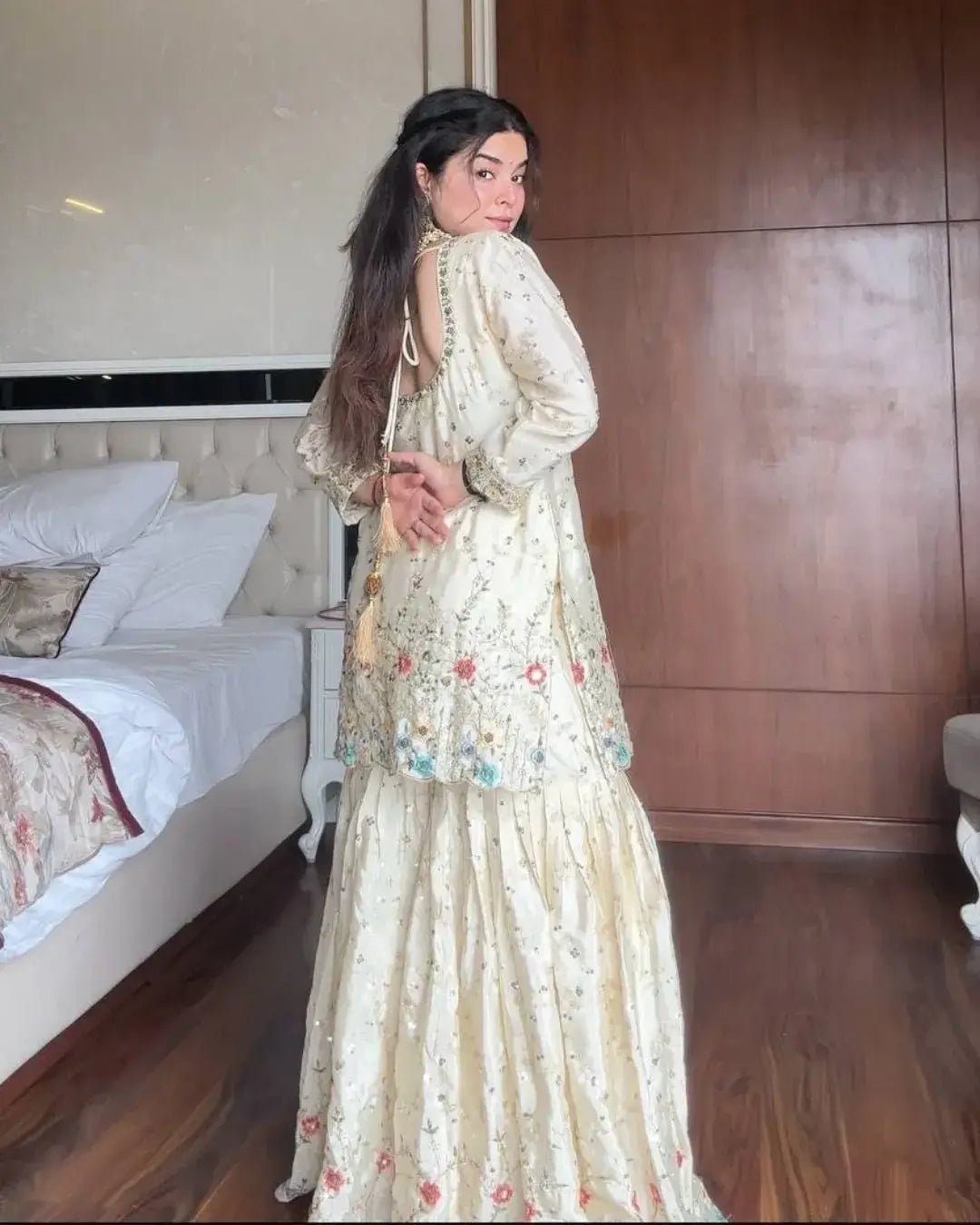 White Chinon Sharara Suit Set with Dupatta back Side Design