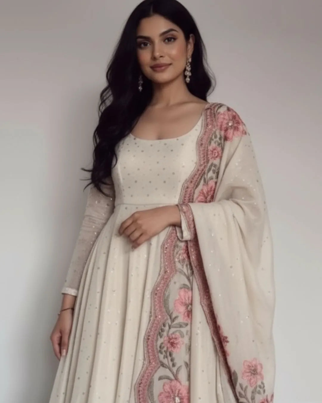 Full Sleeve Anarkali Kurti Pant Dupatta Set Front