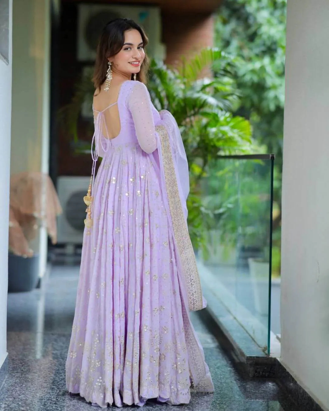 Lavender Colour Anarkali​ Suit Set With Dupatta Back