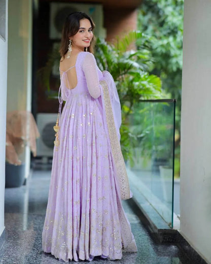Lavender Colour Anarkali​ Suit Set With Dupatta Back