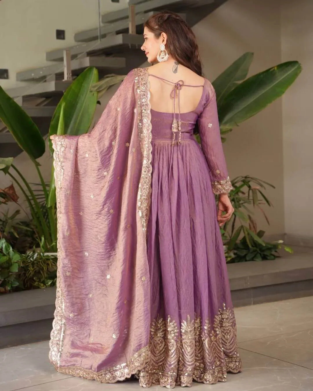 Lavender Anarkali Dress With Dupatta Back