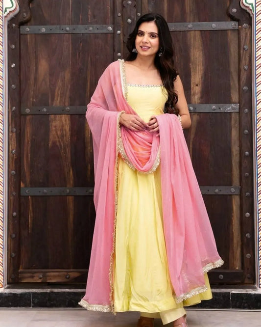 Lemon Yellow Anarkali Suit With Pink Dupatta