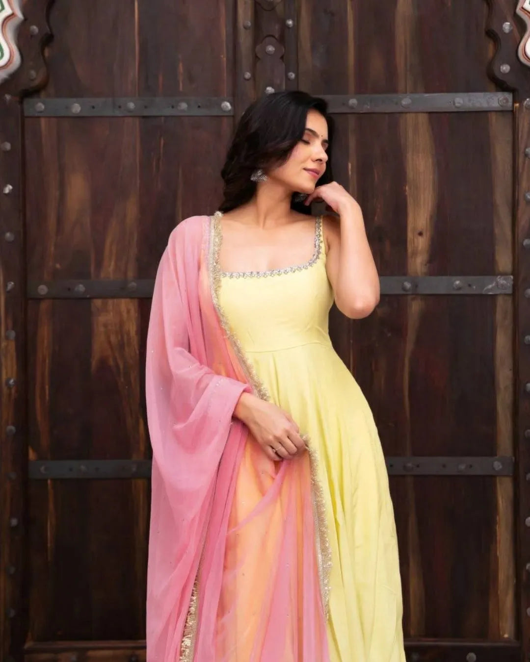 Lemon Yellow Anarkali Suit With Pink Dupatta