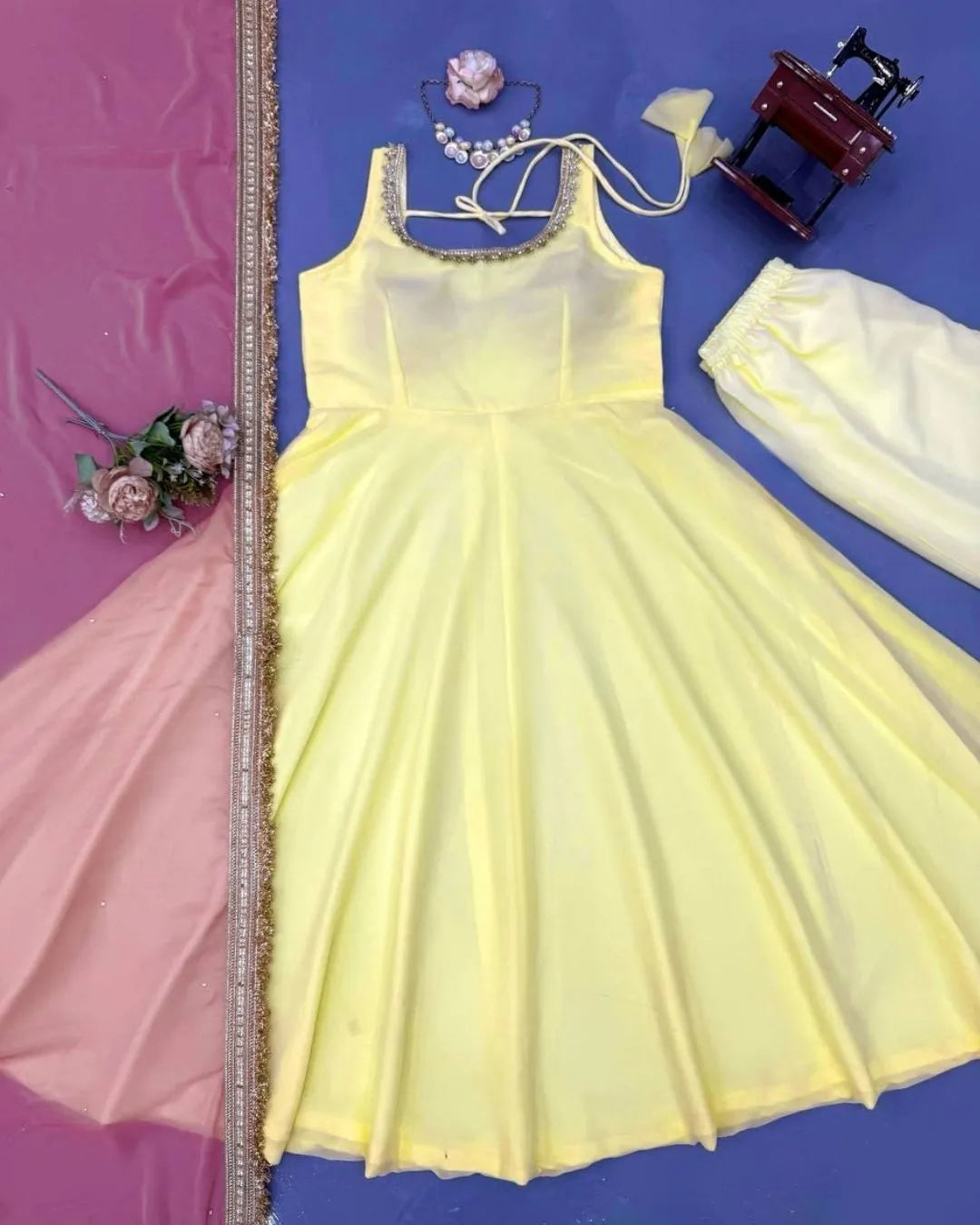 Lemon Yellow Anarkali Suit With Pink Dupatta
