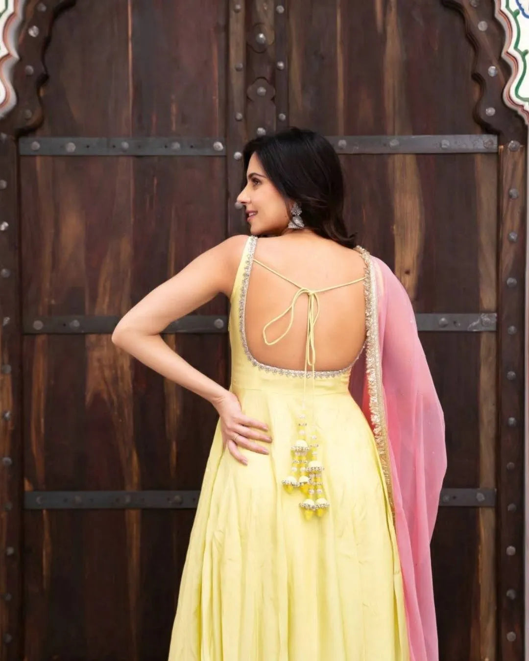 Lemon Yellow Anarkali Suit With Pink Dupatta