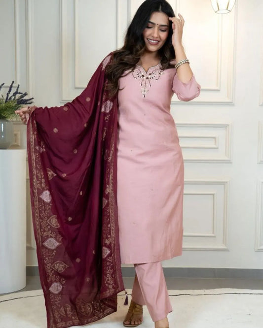 pink silk kurti pant dupatta set