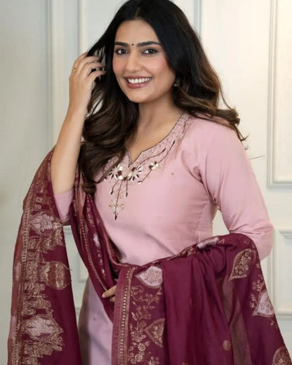 pink silk kurti pant dupatta set