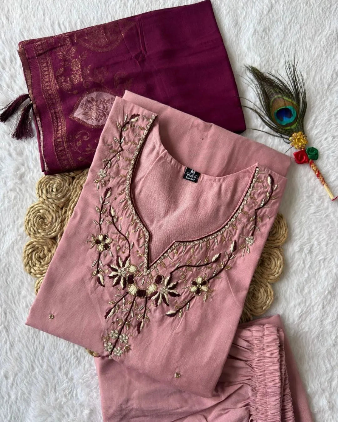 pink silk kurti pant dupatta set