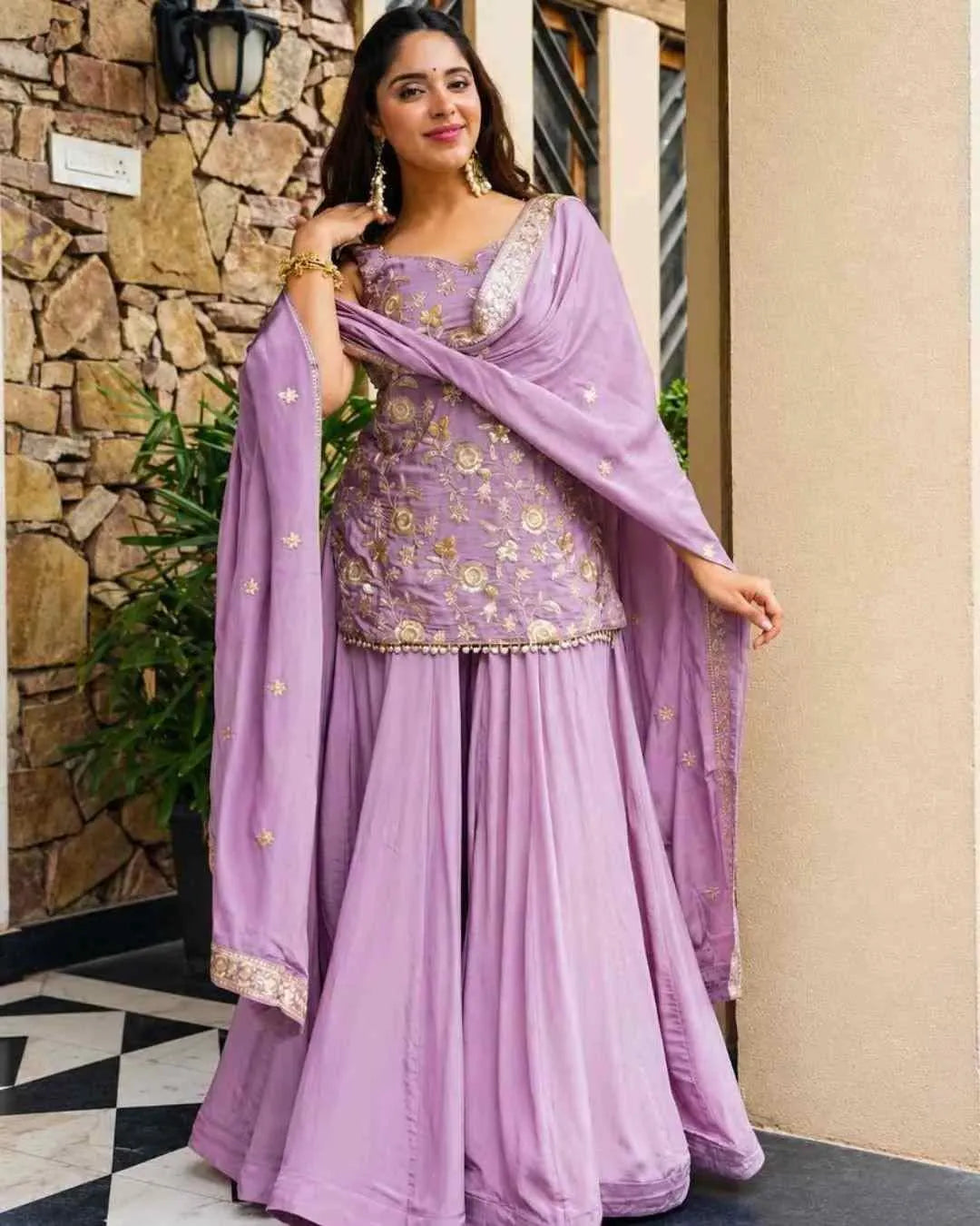 Lilac Diamond Silk Sharara Set