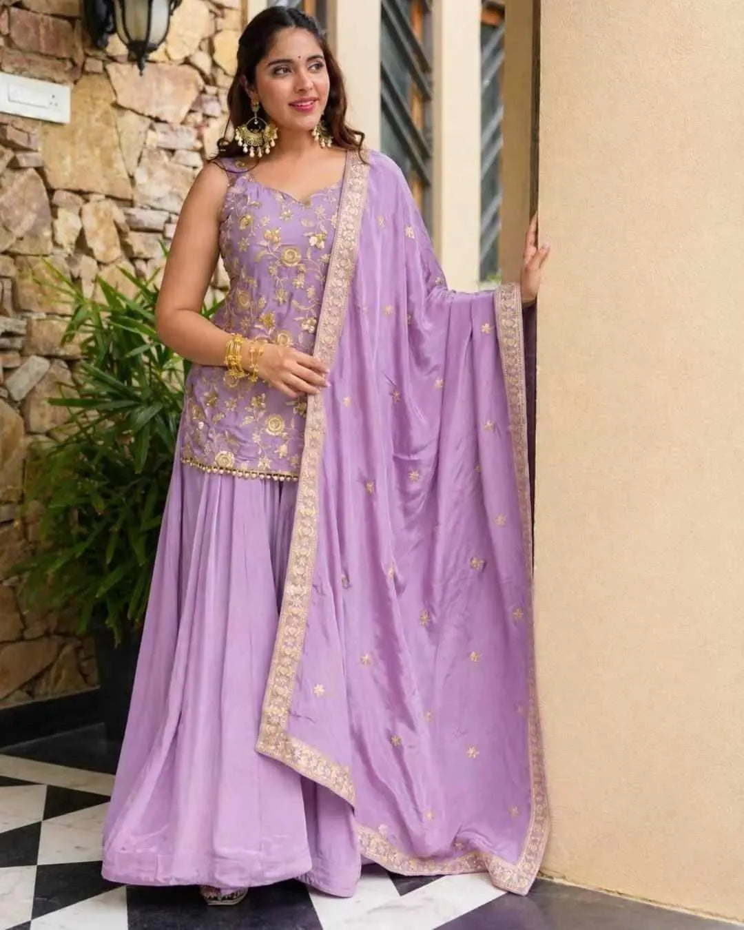 Lilac Diamond Silk Sharara Set