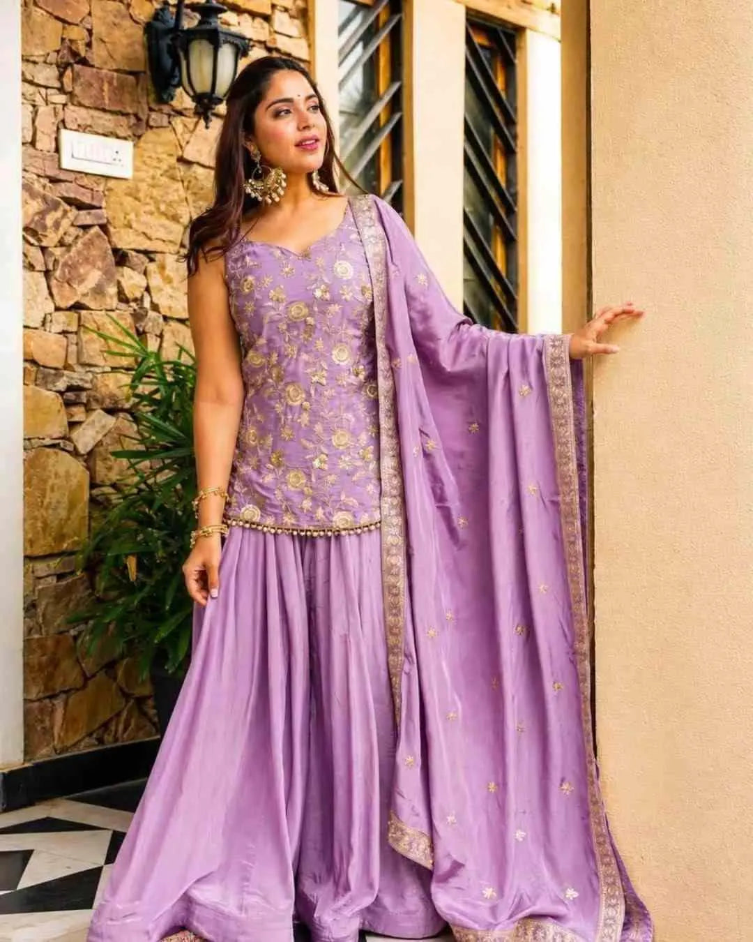 Lilac Diamond Silk Sharara Set
