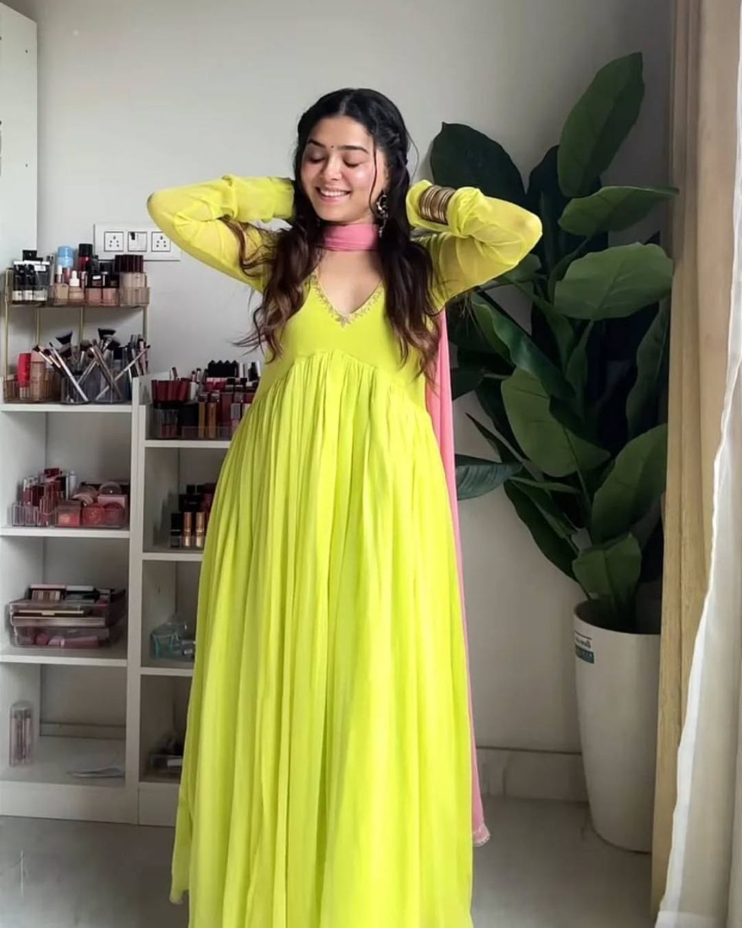 Lime Green Georgette Anarkail Gown Suit Set