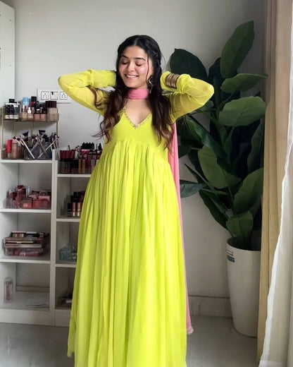 Lime Green Georgette Anarkail Gown Suit Set