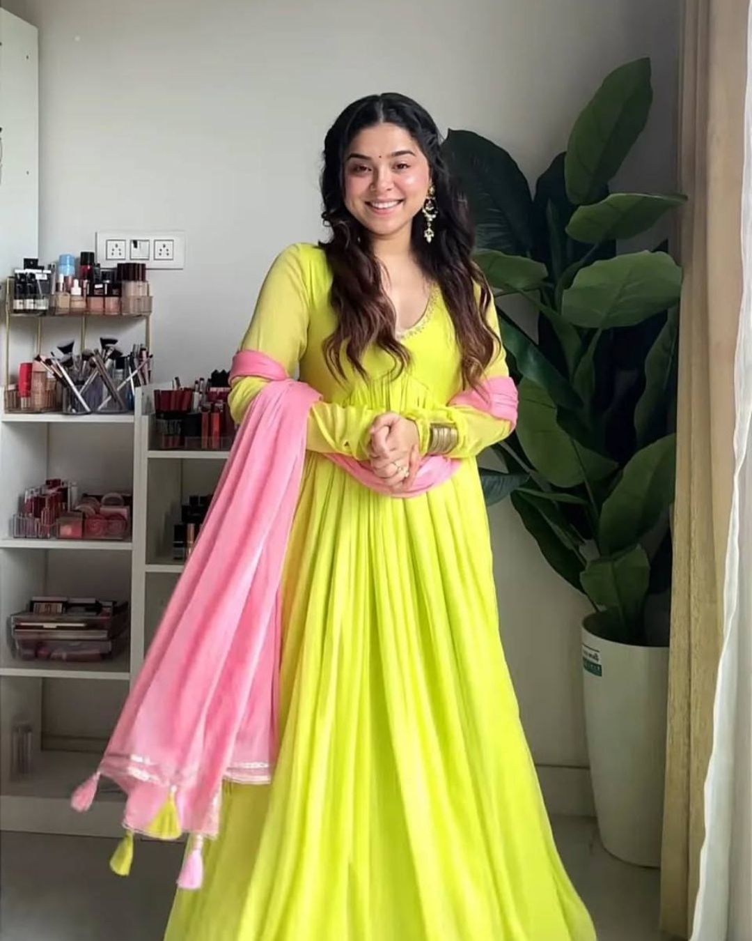 Lime Green Georgette Anarkail Gown Suit Set