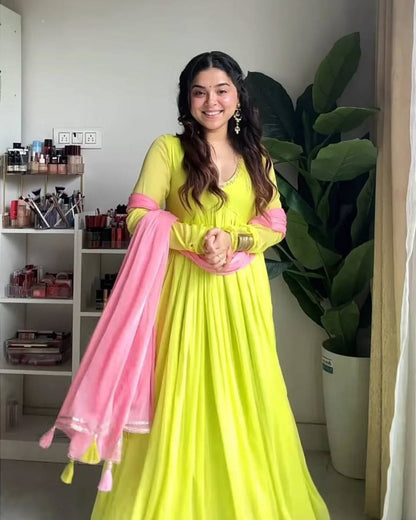 Lime Green Georgette Anarkail Gown Suit Set