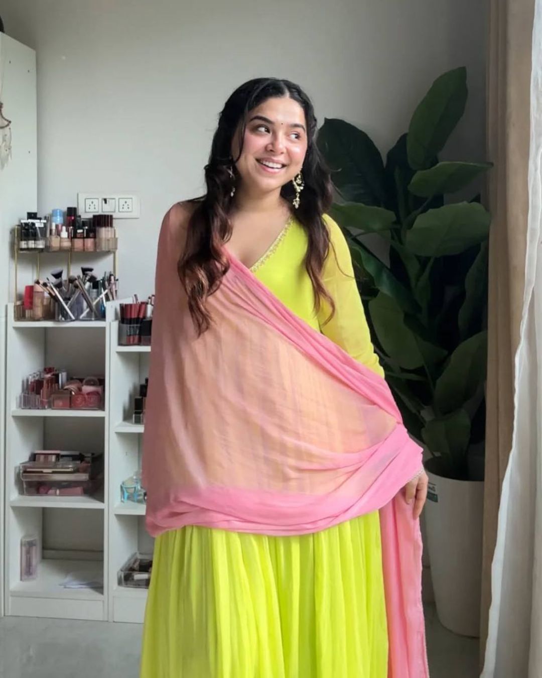 Lime Green Georgette Anarkail Gown Suit Set