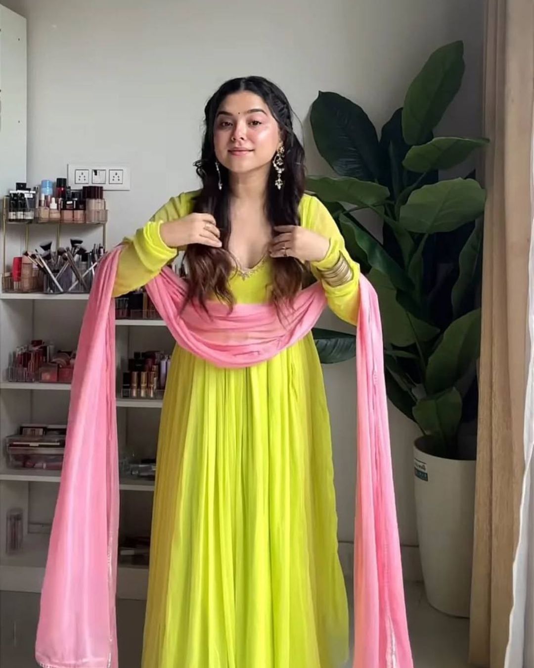 Lime Green Georgette Anarkail Gown Suit Set