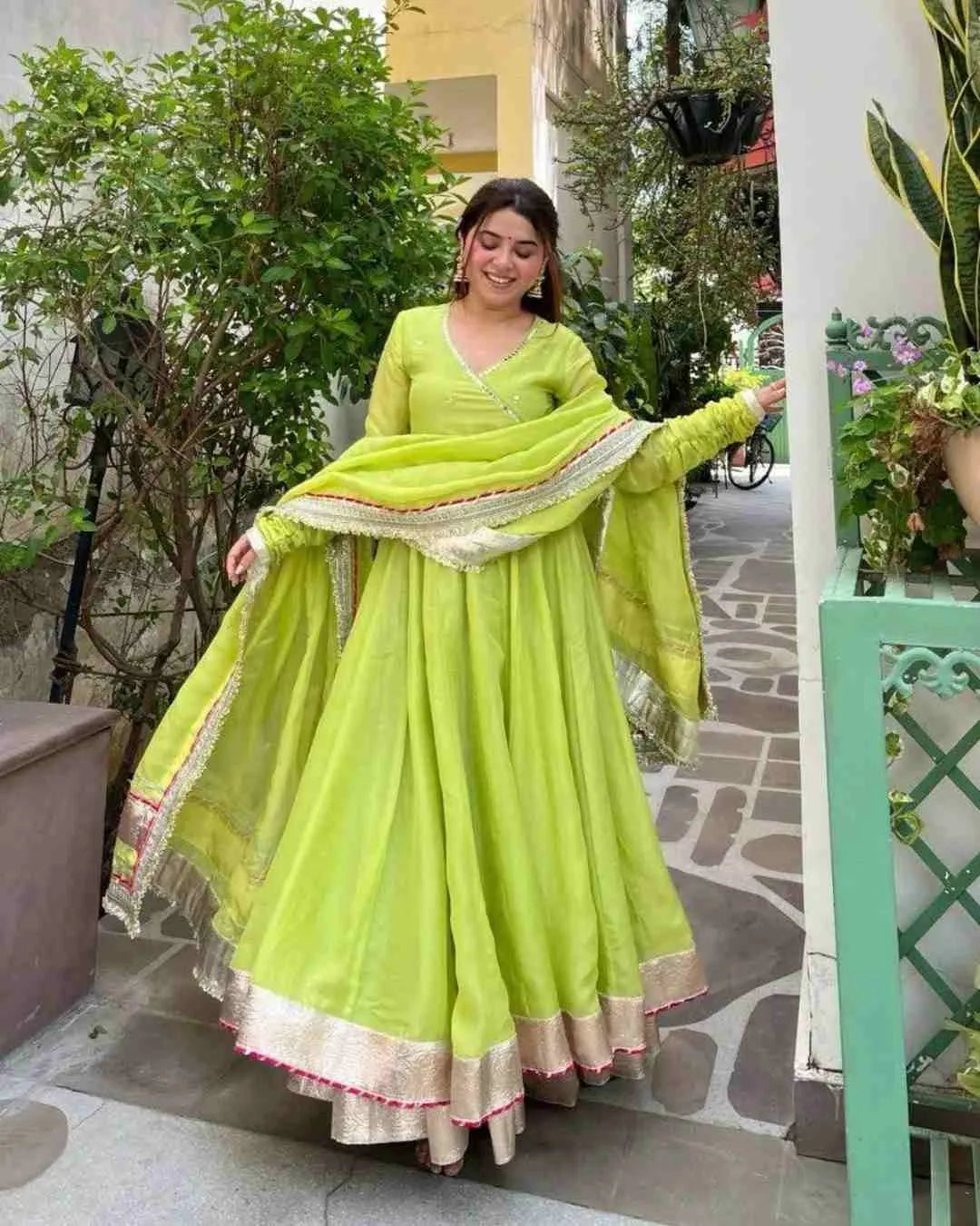 Lime Green Organza Silk Anarkali  Set