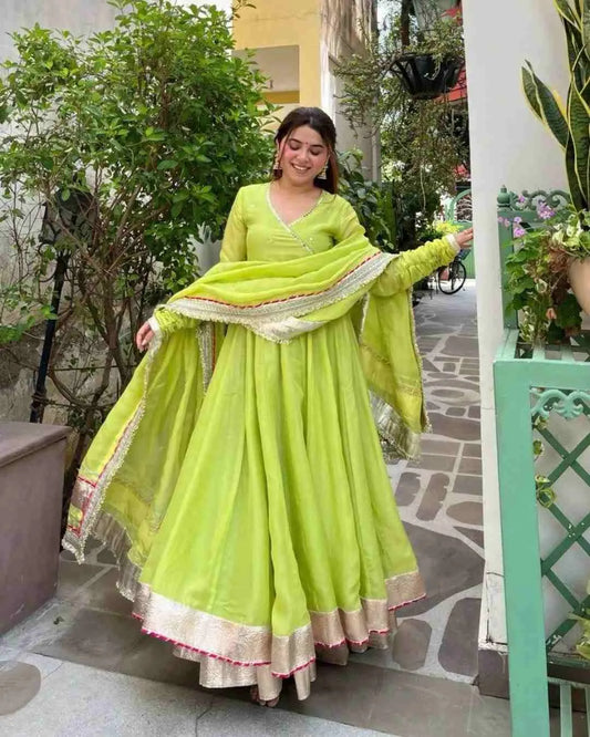 Lime Green Organza Silk Anarkali  Set