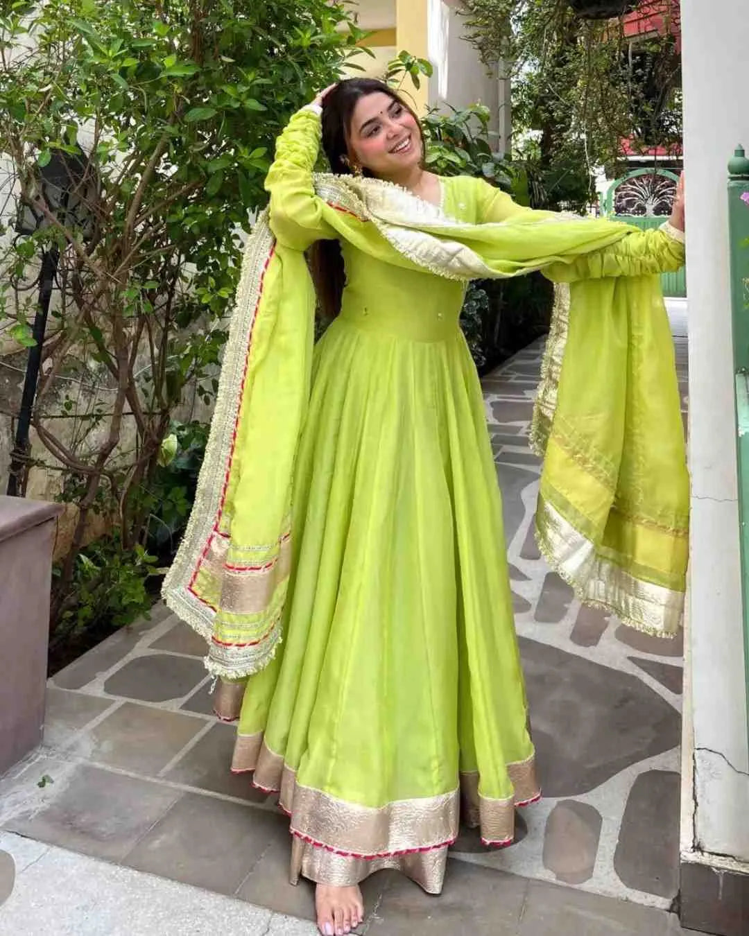 Lime Green Organza Silk Anarkali  Set