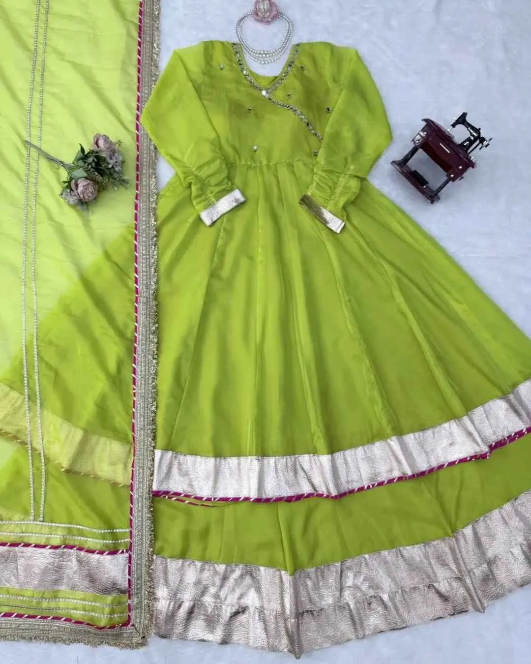 Lime Green Organza Silk Anarkali  Set
