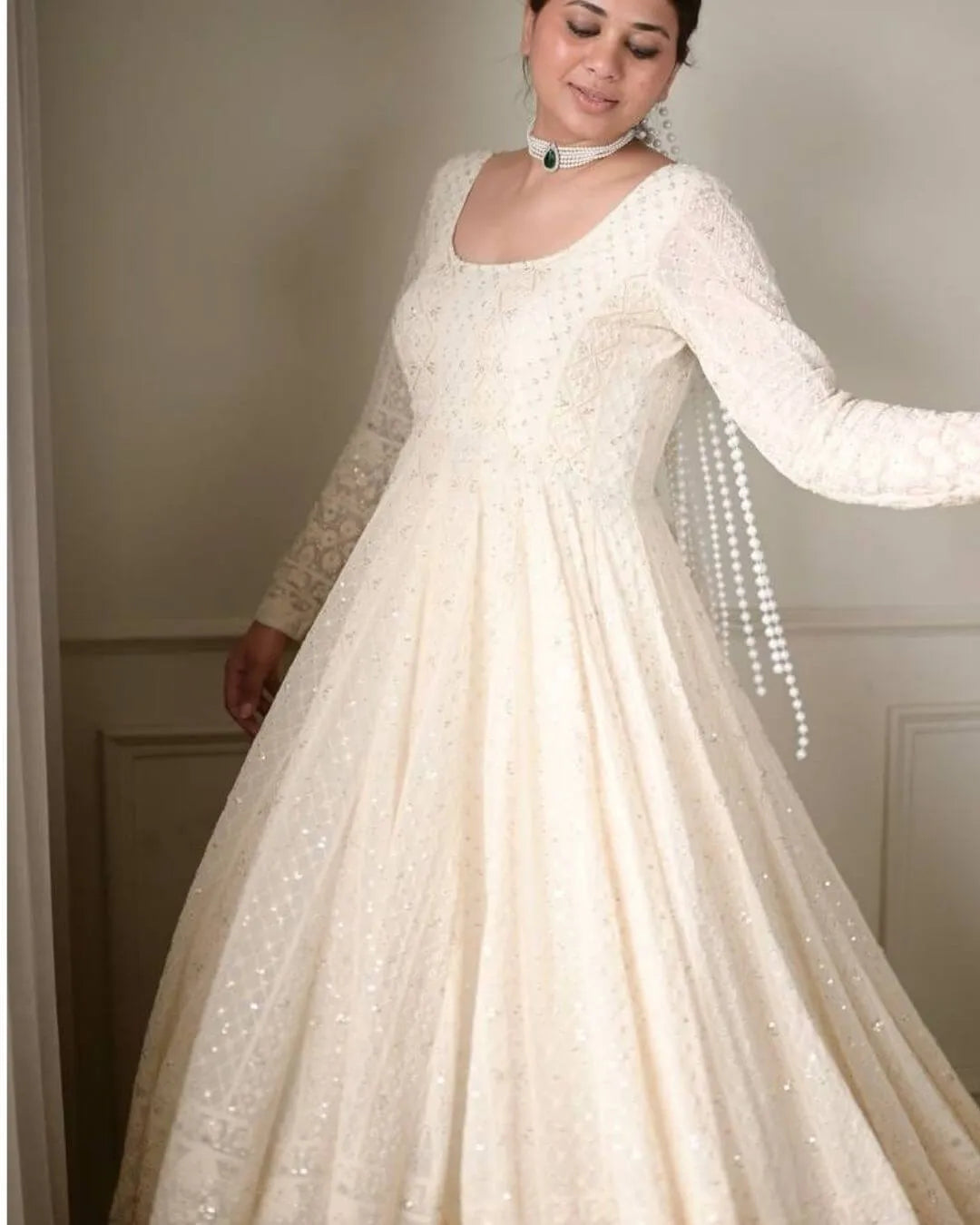 Lucknowi White Georgette Anarkali Suit Set 
