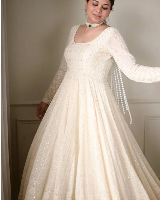 Lucknowi White Georgette Anarkali Suit Set 