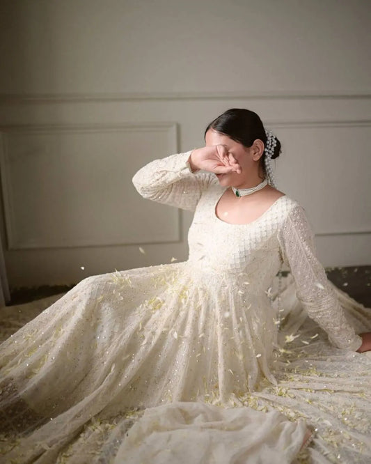 Lucknowi White Georgette Anarkali Suit Set 