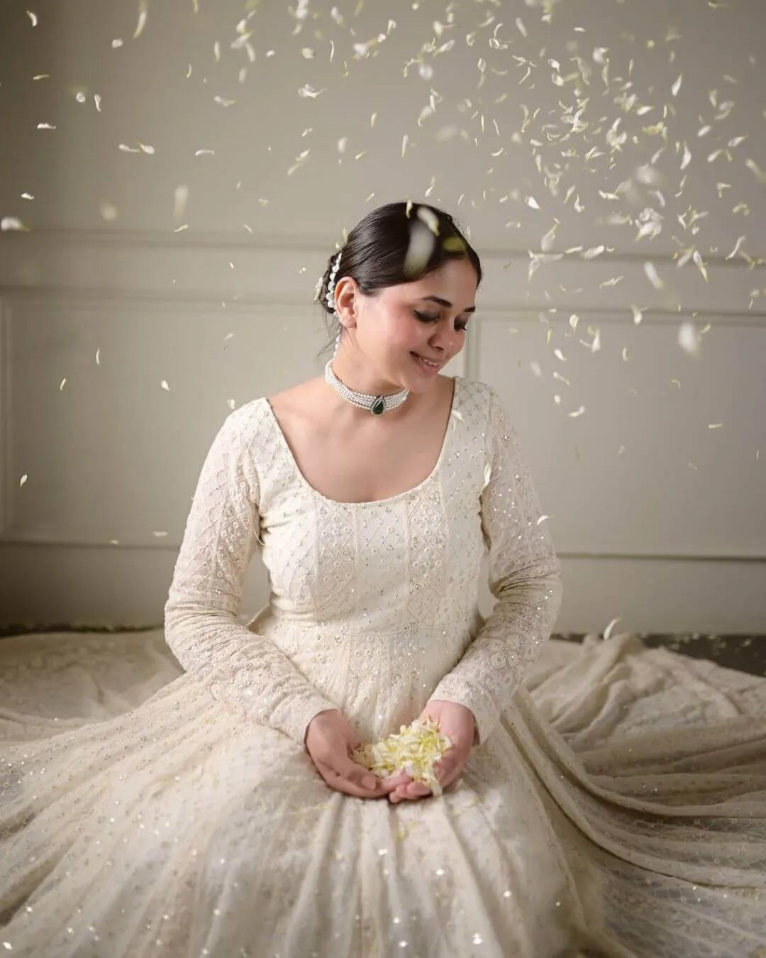 Lucknowi White Georgette Anarkali Suit Set 