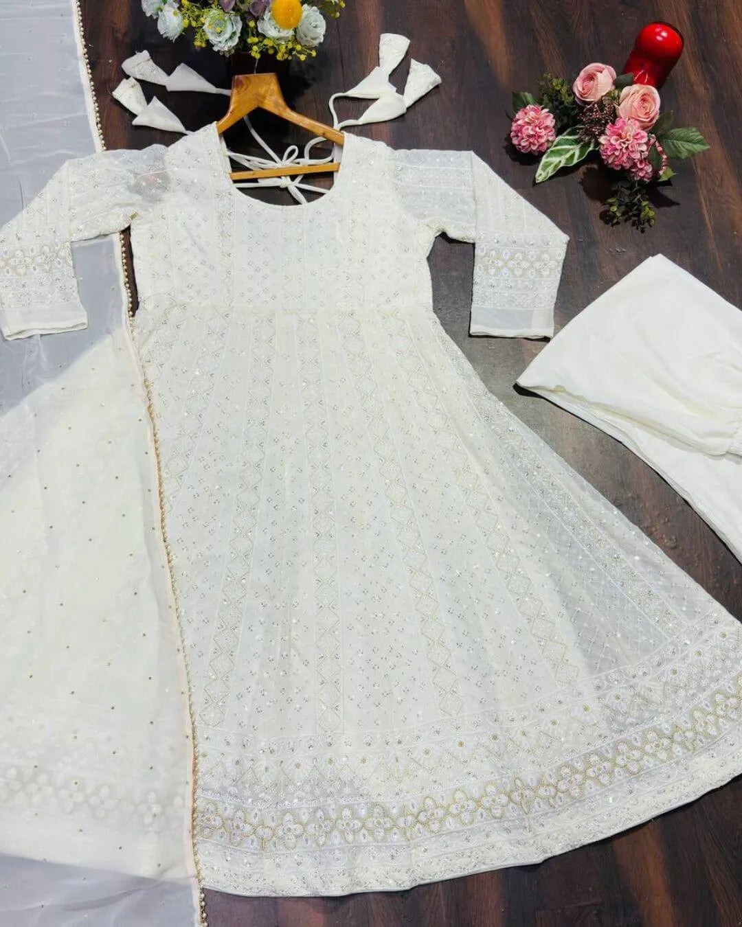 Lucknowi White Georgette Anarkali Suit Set 