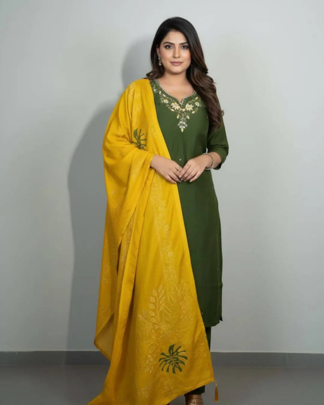 Mehndi Green Roman Silk Handwork Suit Set