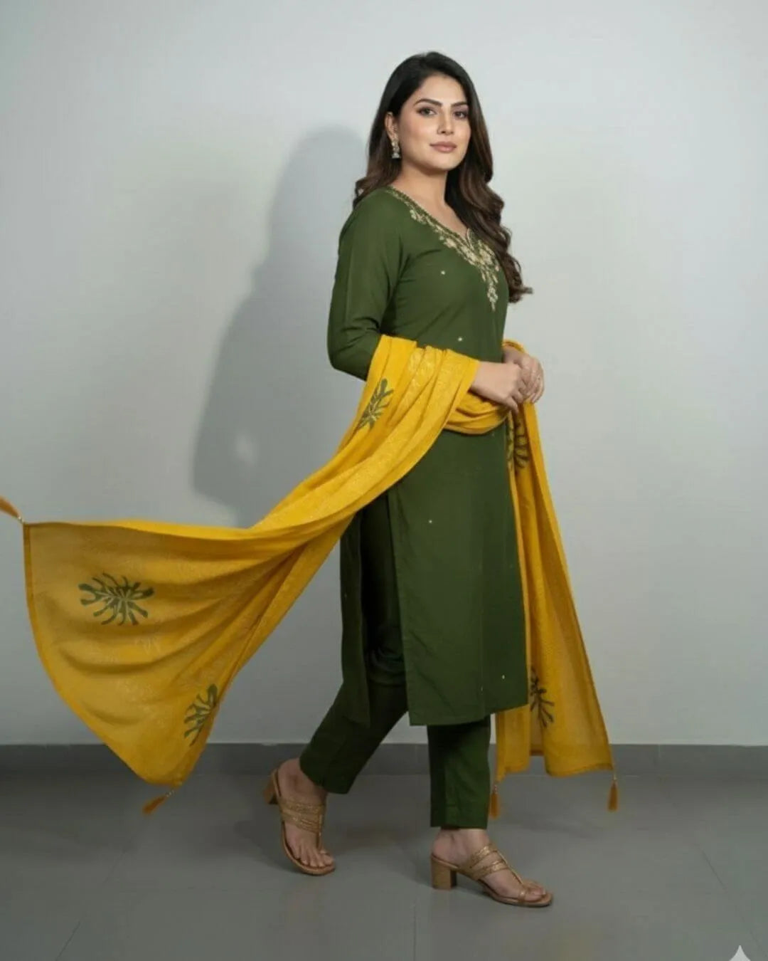 Mehndi Green Roman Silk Handwork Suit Set