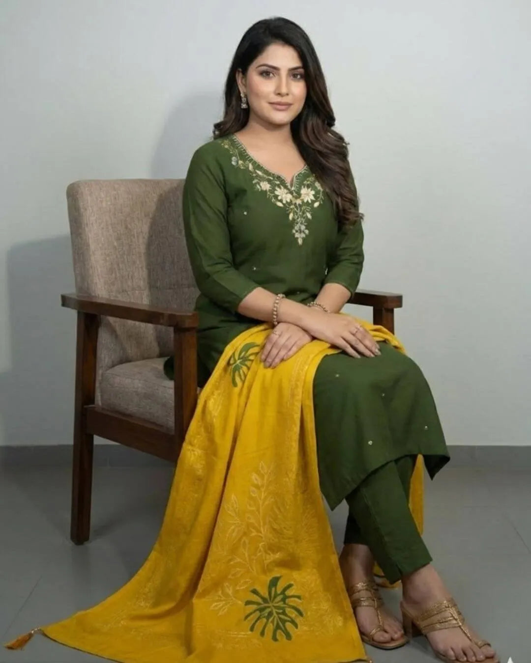 Mehndi Green Roman Silk Handwork Suit Set