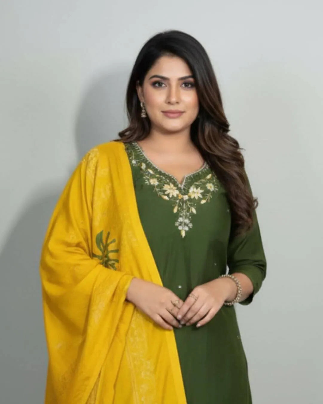 Mehndi Green Roman Silk Handwork Suit Set