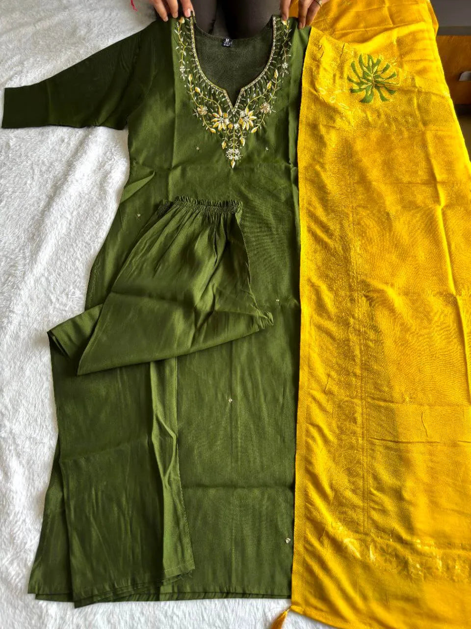 Mehndi Green Roman Silk Handwork Suit Set