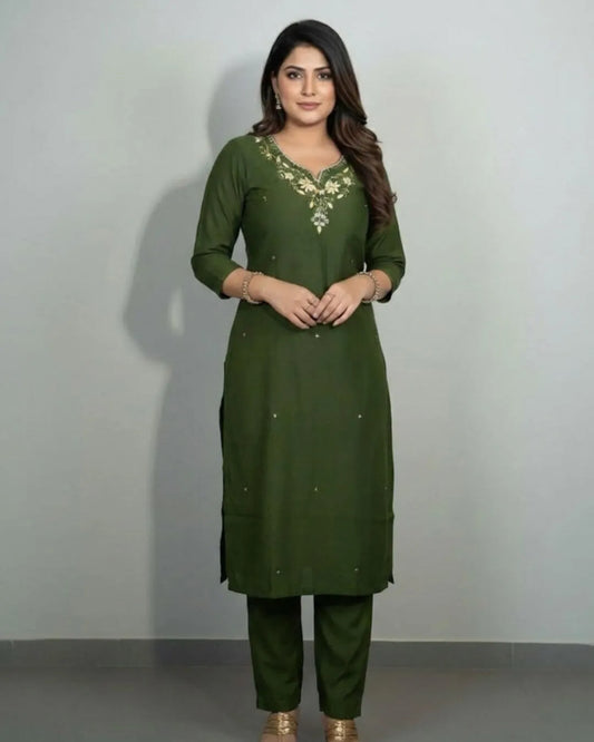 Mehndi Green Roman Silk Handwork Suit Set