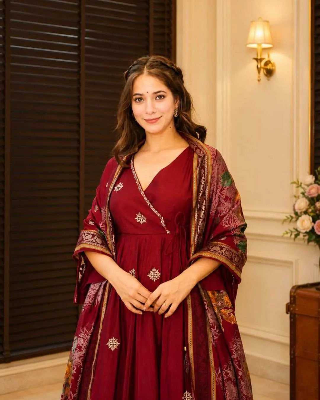 Maroon Angrakha Anarkali Set