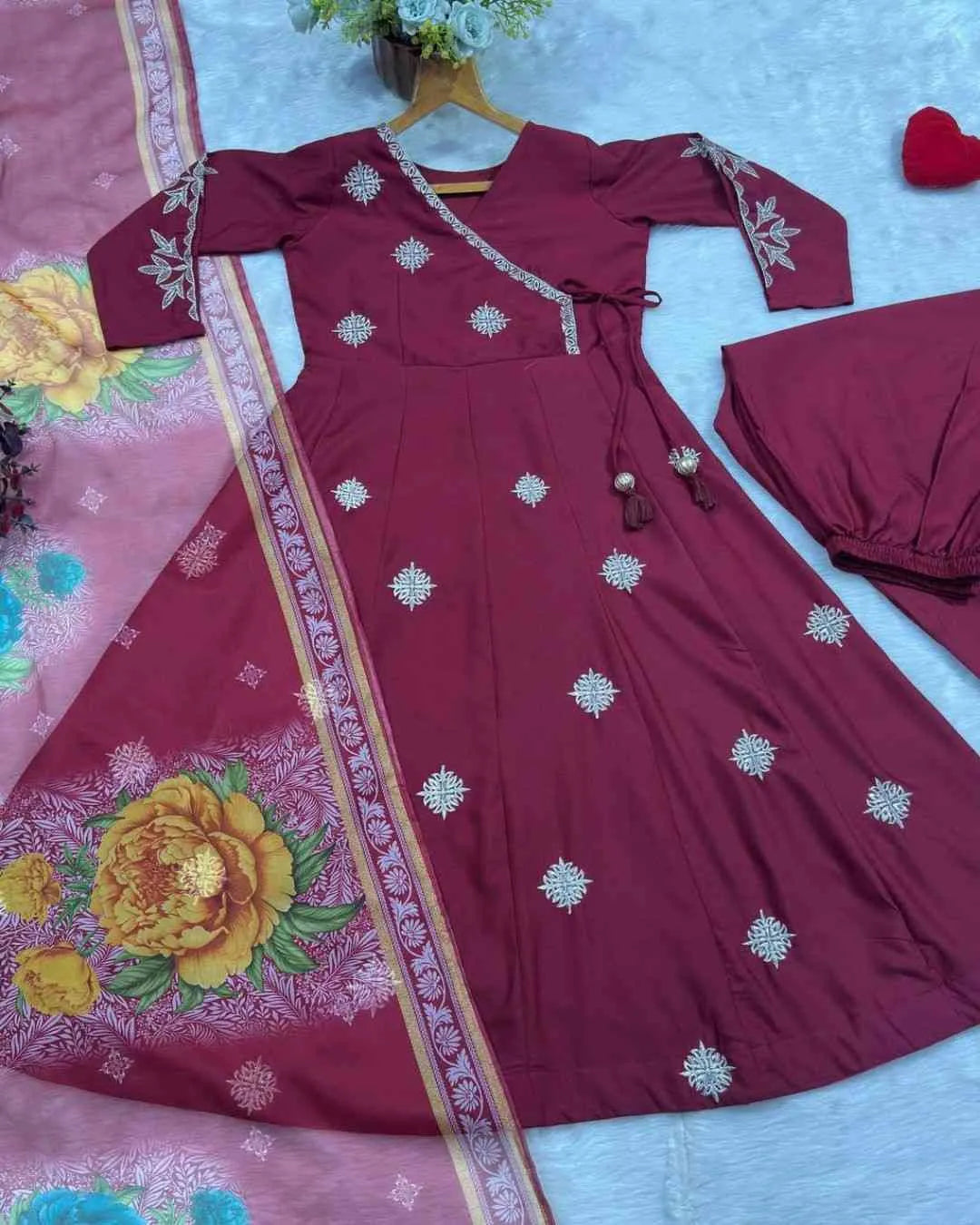 Maroon Angrakha Anarkali Set