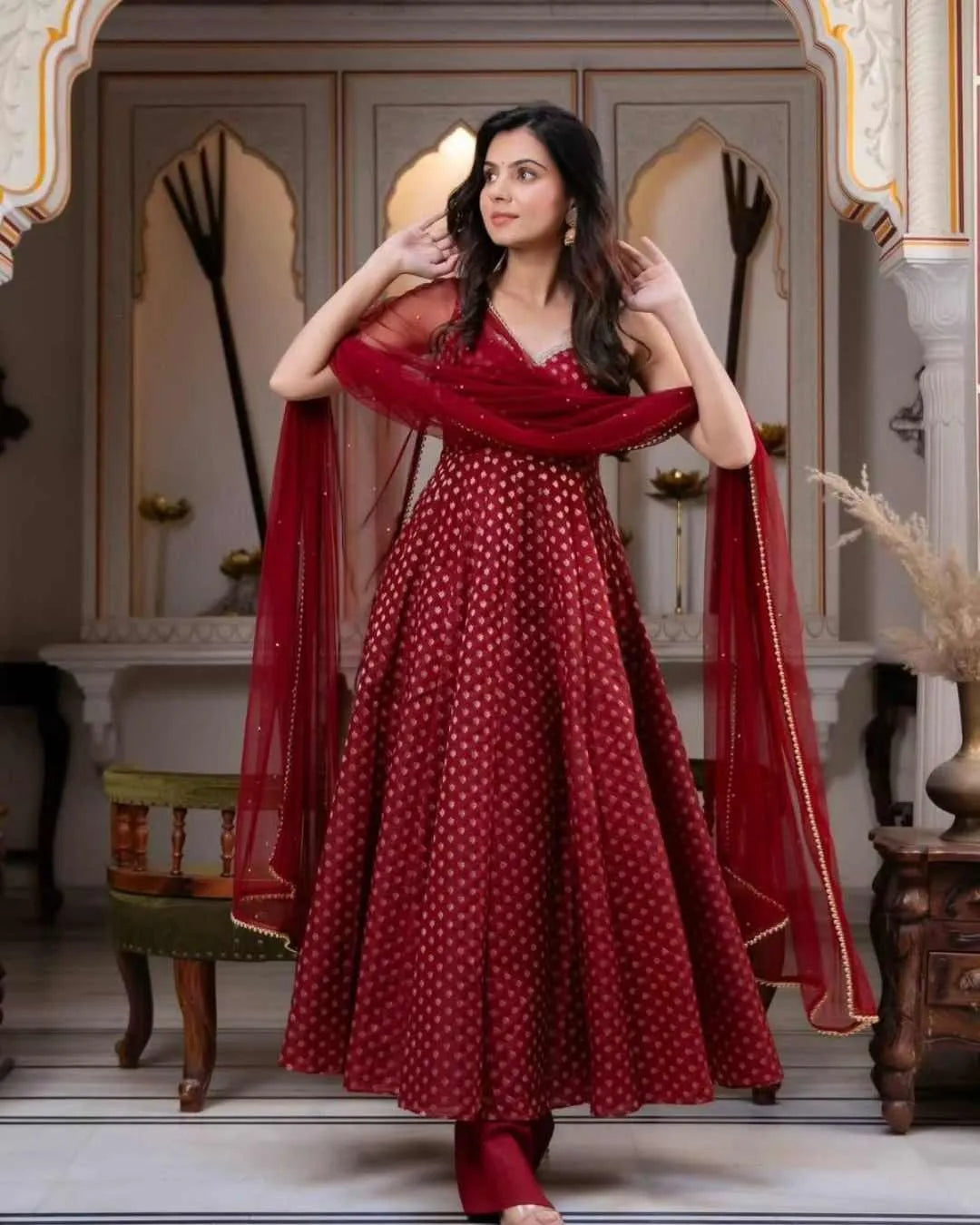 Maroon Chanderi Jacquard Anarkali