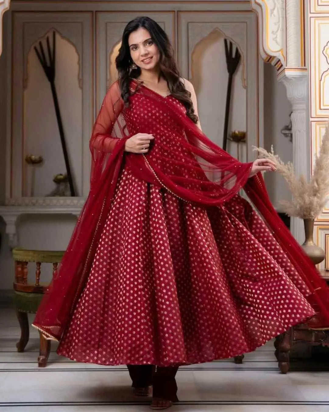 Maroon Chanderi Jacquard Anarkali