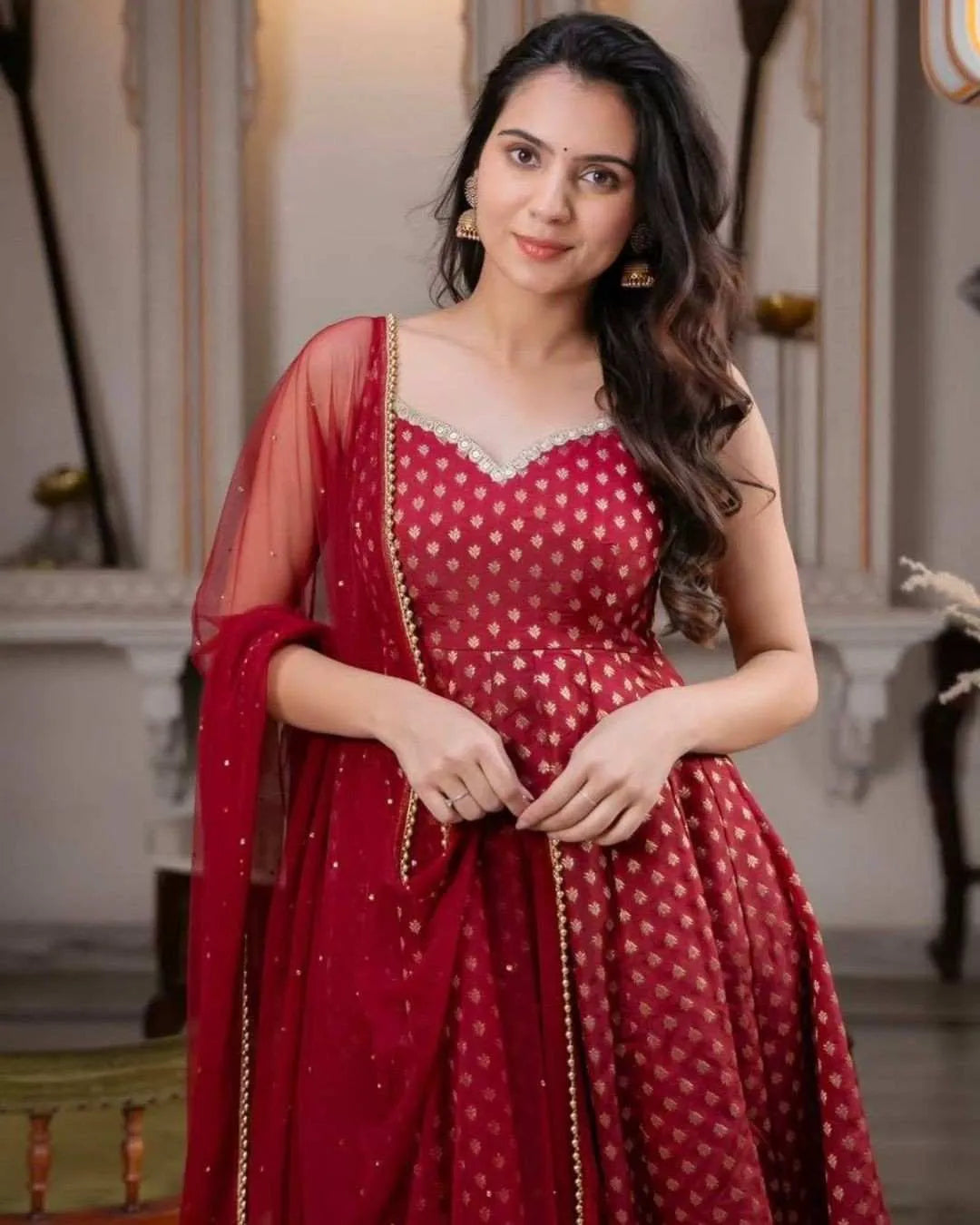 Maroon Chanderi Jacquard Anarkali