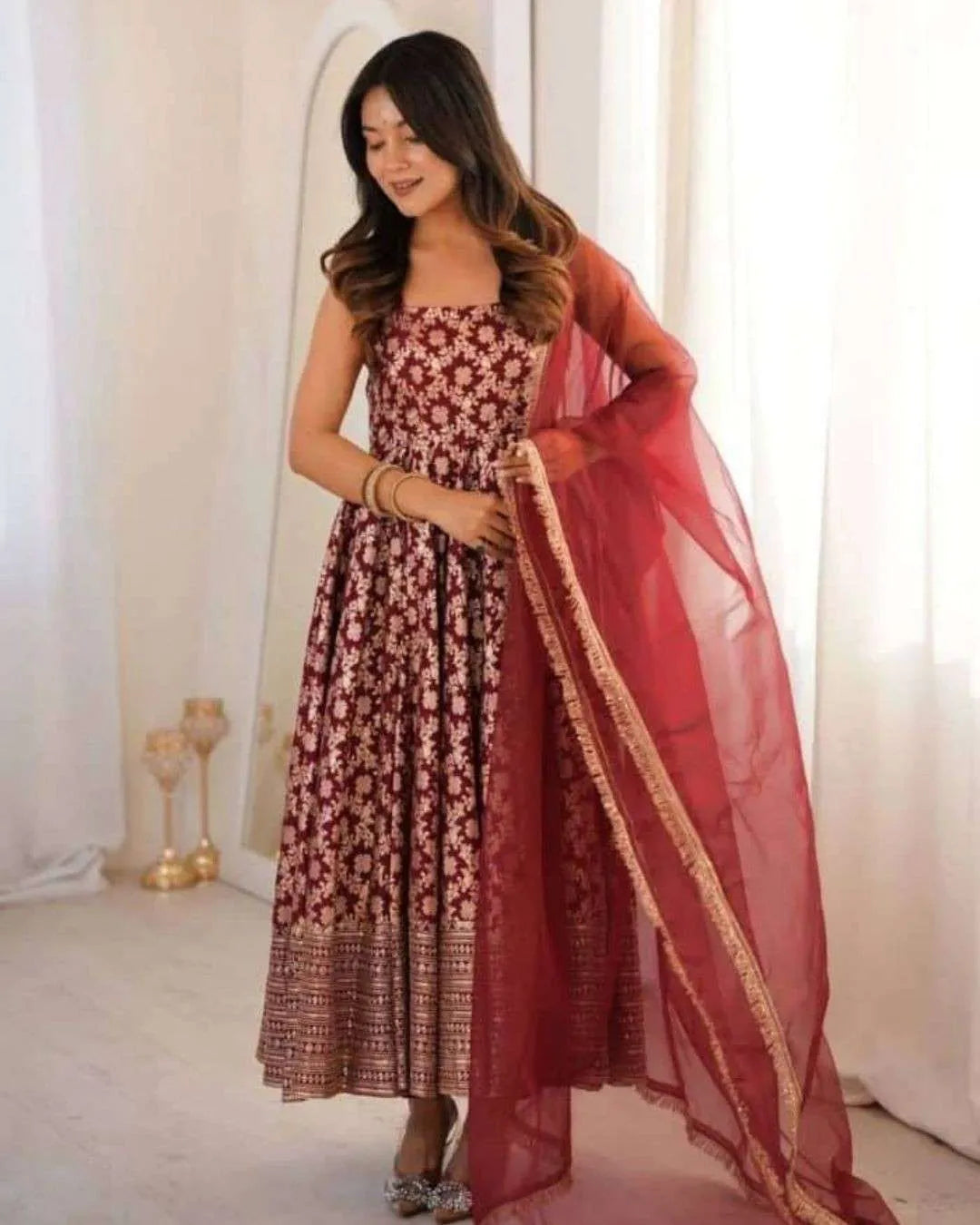 Maroon Chanderi Jacquard Anarkali Set