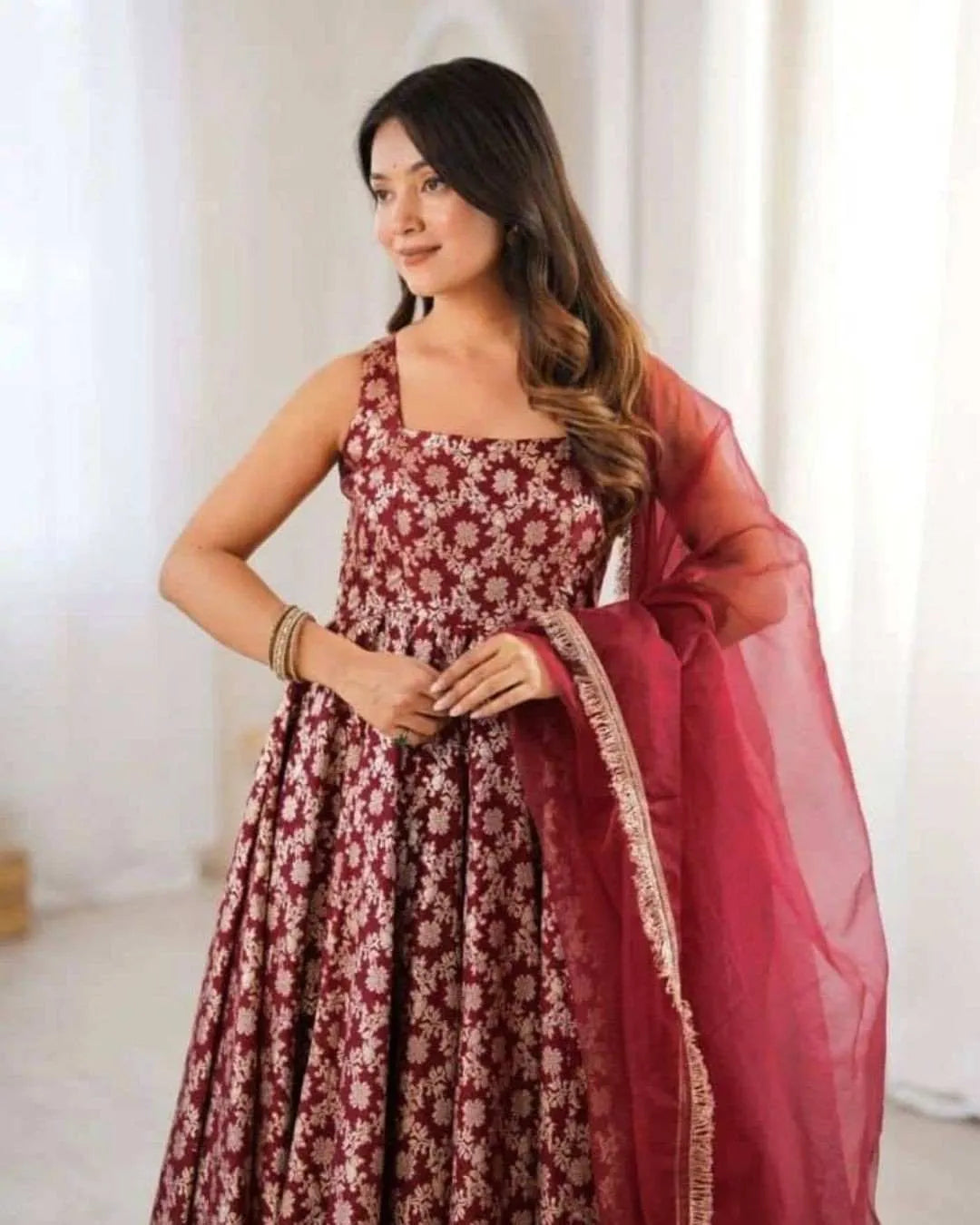 Maroon Chanderi Jacquard Anarkali Set