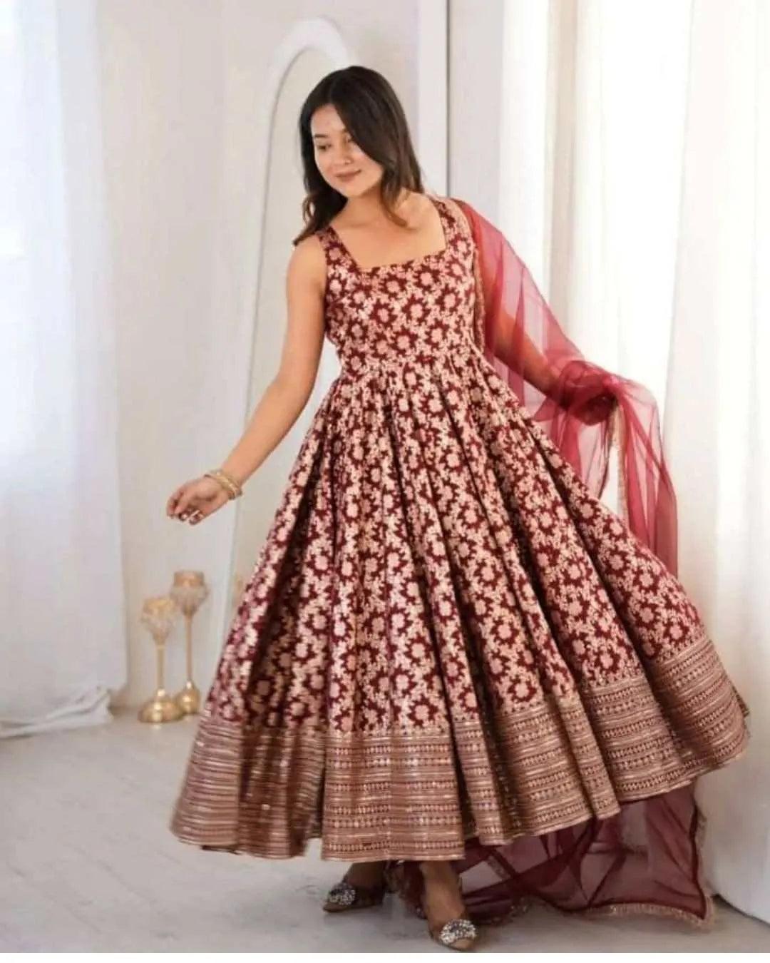 Maroon Chanderi Jacquard Anarkali Set
