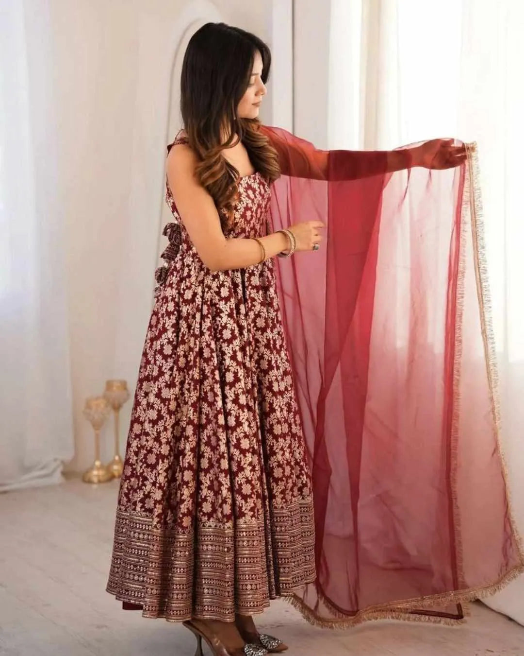 Maroon Chanderi Jacquard Anarkali Set