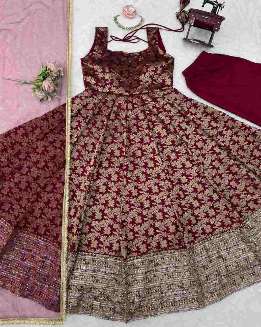 Maroon Chanderi Jacquard Anarkali Set